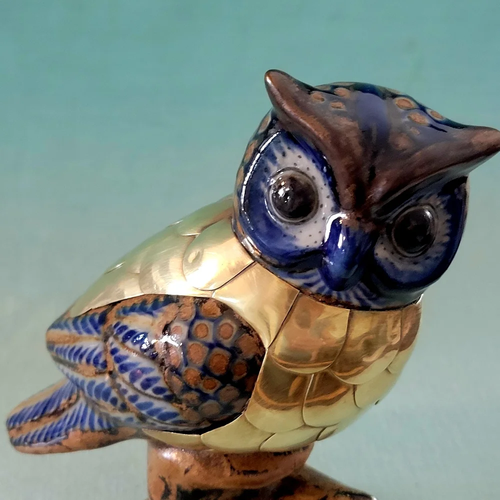 Vintage,Brass, and Ceramic Figurine Blue and Gold Owl Figurine
